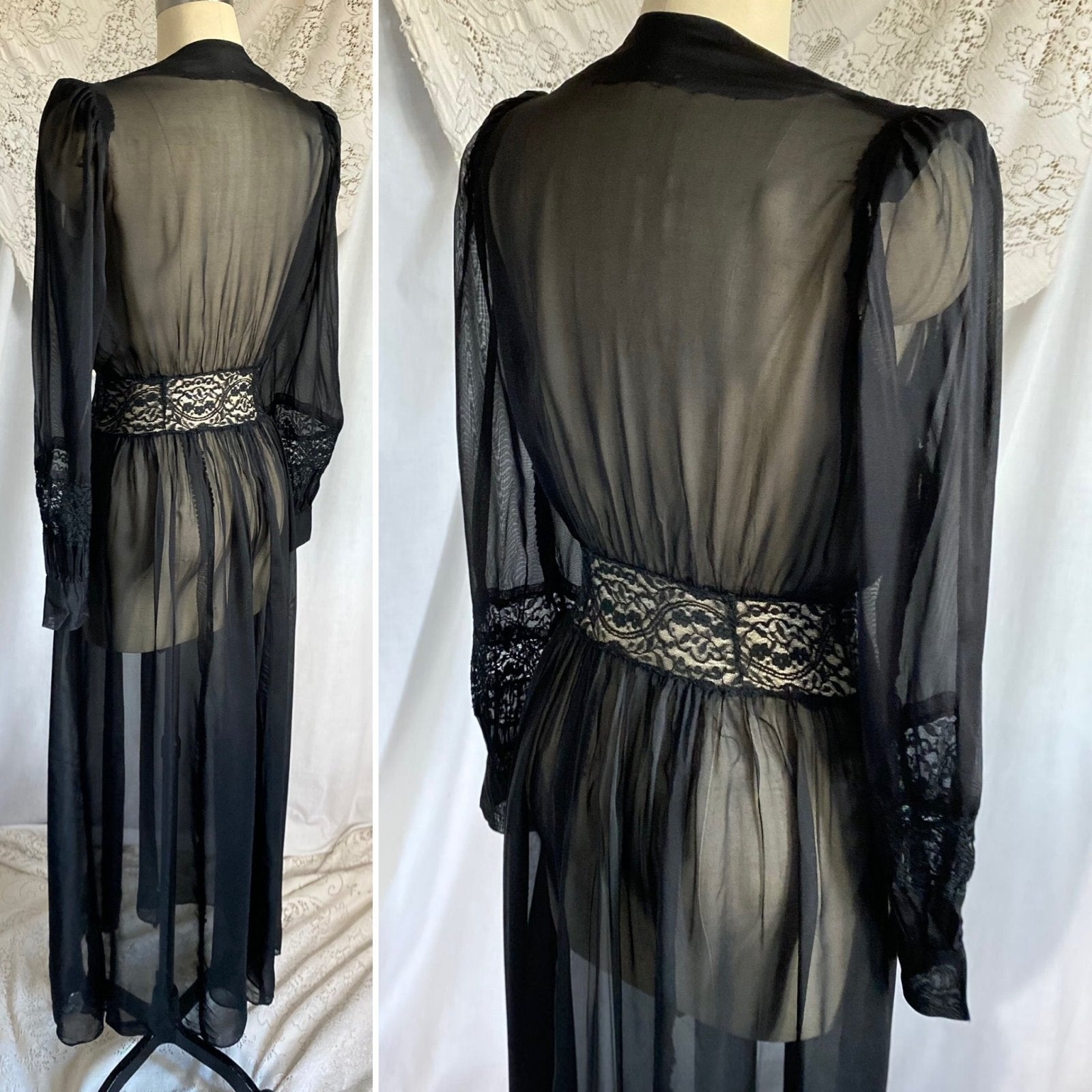 Vintage 1940's Dressing Gown Robe | Sheer Black Silk Chiffon with Chantilly Lace | Size XS - Daggers & Dames