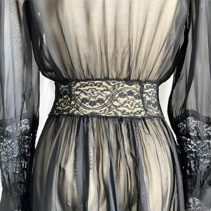 Vintage 1940's Dressing Gown Robe | Sheer Black Silk Chiffon with Chantilly Lace | Size XS - Daggers & Dames