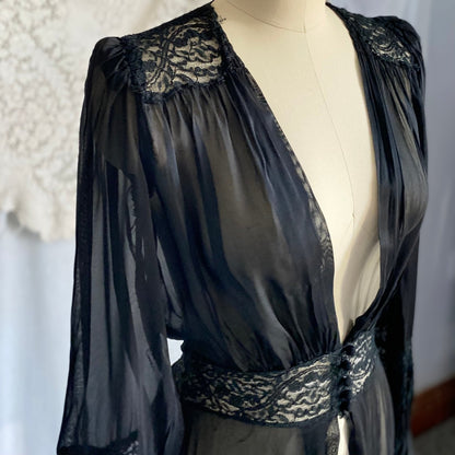 Vintage 1940's Dressing Gown Robe | Sheer Black Silk Chiffon with Chantilly Lace | Size XS - Daggers & Dames