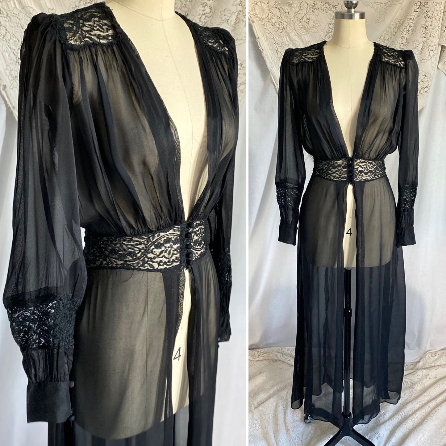 Vintage 1940's Dressing Gown Robe | Sheer Black Silk Chiffon with Chantilly Lace | Size XS - Daggers & Dames