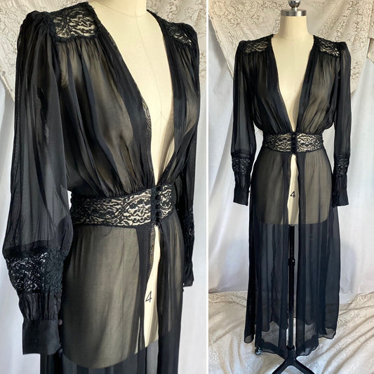 Vintage 1940's Dressing Gown Robe | Sheer Black Silk Chiffon with Chantilly Lace | Size XS - Daggers & Dames