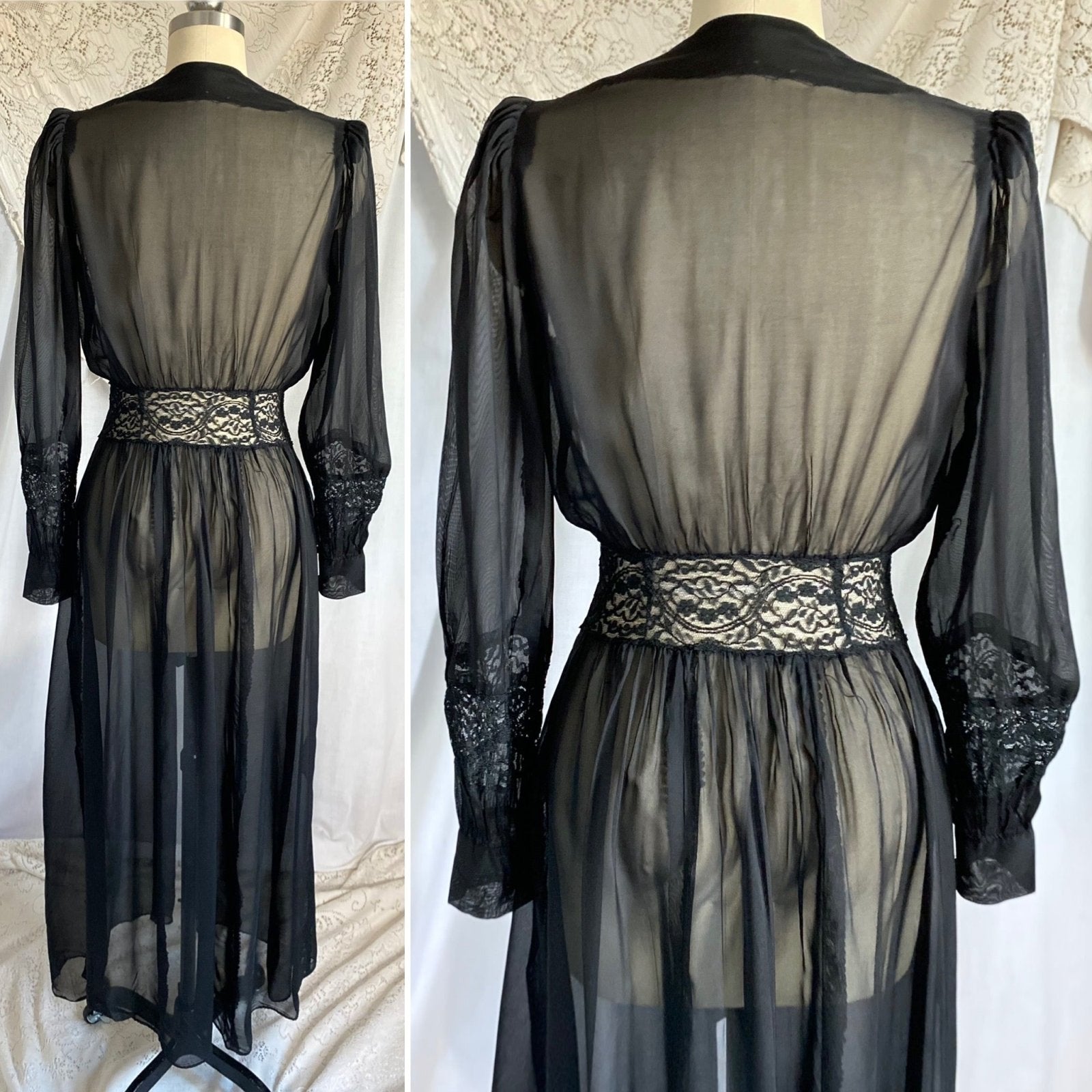 Vintage 1940's Dressing Gown Robe | Sheer Black Silk Chiffon with Chantilly Lace | Size XS - Daggers & Dames