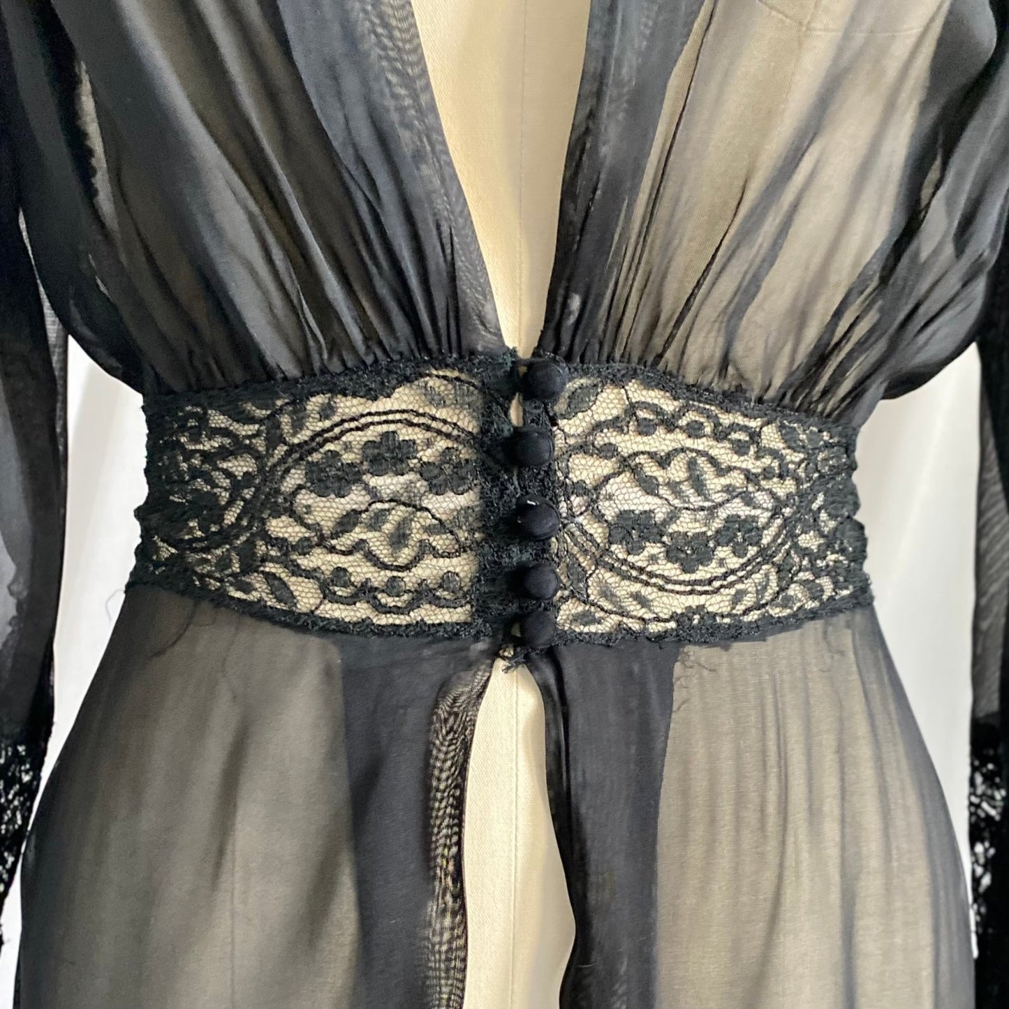 Vintage 1940's Dressing Gown Robe | Sheer Black Silk Chiffon with Chantilly Lace | Size XS - Daggers & Dames