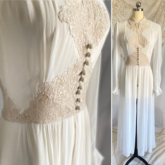 Vintage 1940's Dressing Gown Robe | Sheer White Rayon Chiffon with Warm Nude Cotton Lace | Size XS, S - Daggers & Dames