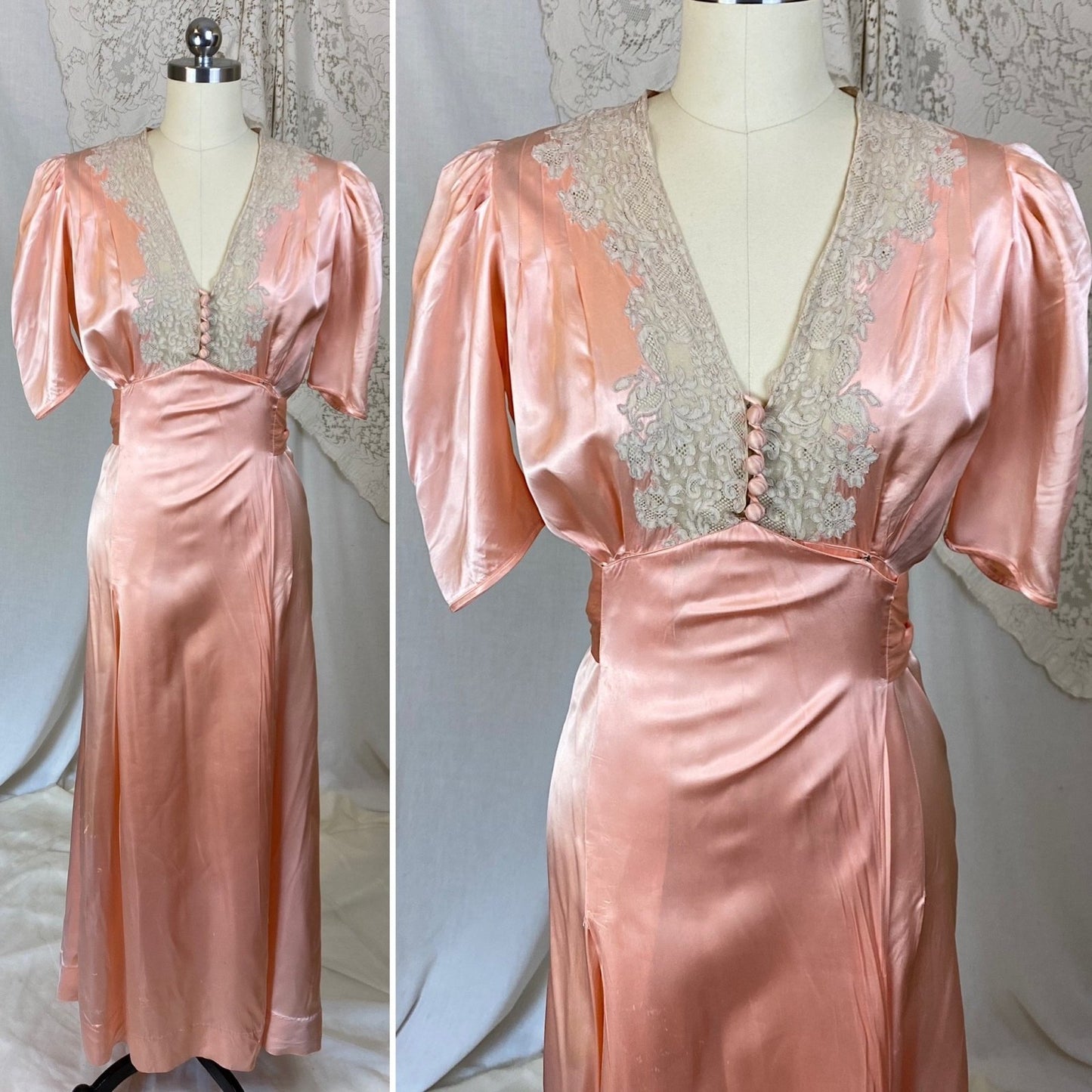 Vintage 1940's Dressing Gown Robe | Tea Rose Pink Rayon Satin with Alençon Lace | Size XS - Daggers & Dames