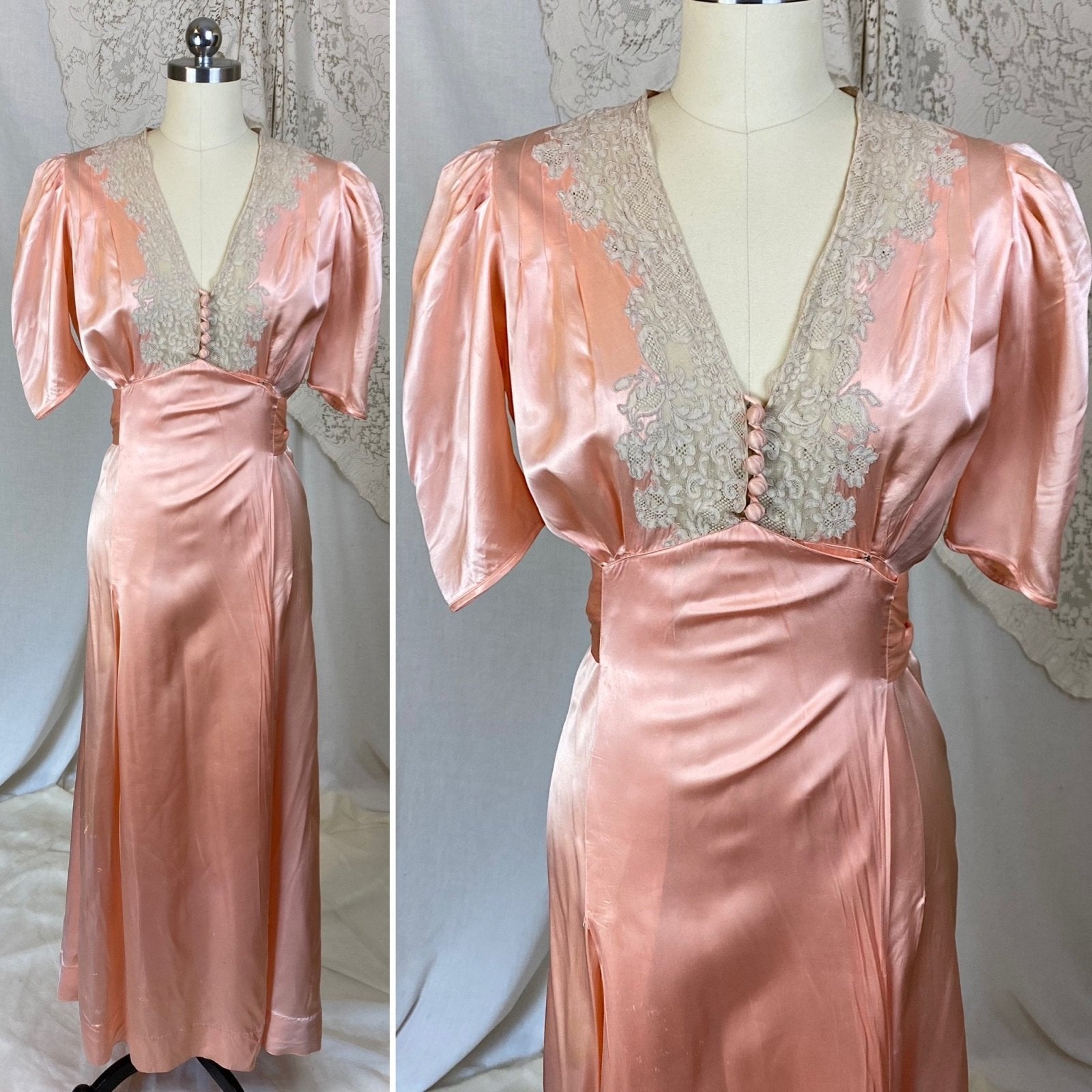 Vintage 1940's Dressing Gown Robe | Tea Rose Pink Rayon Satin with Alençon Lace | Size XS - Daggers & Dames