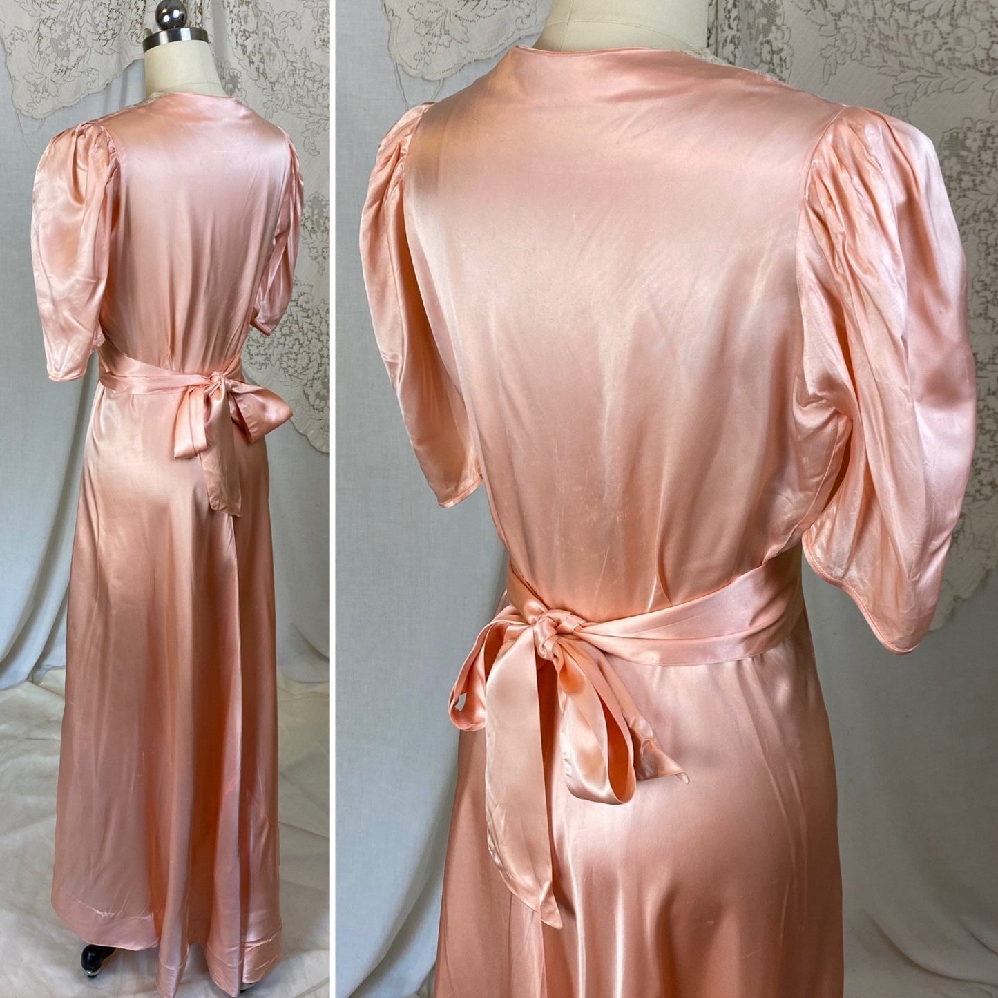 Vintage 1940's Dressing Gown Robe | Tea Rose Pink Rayon Satin with Alençon Lace | Size XS - Daggers & Dames