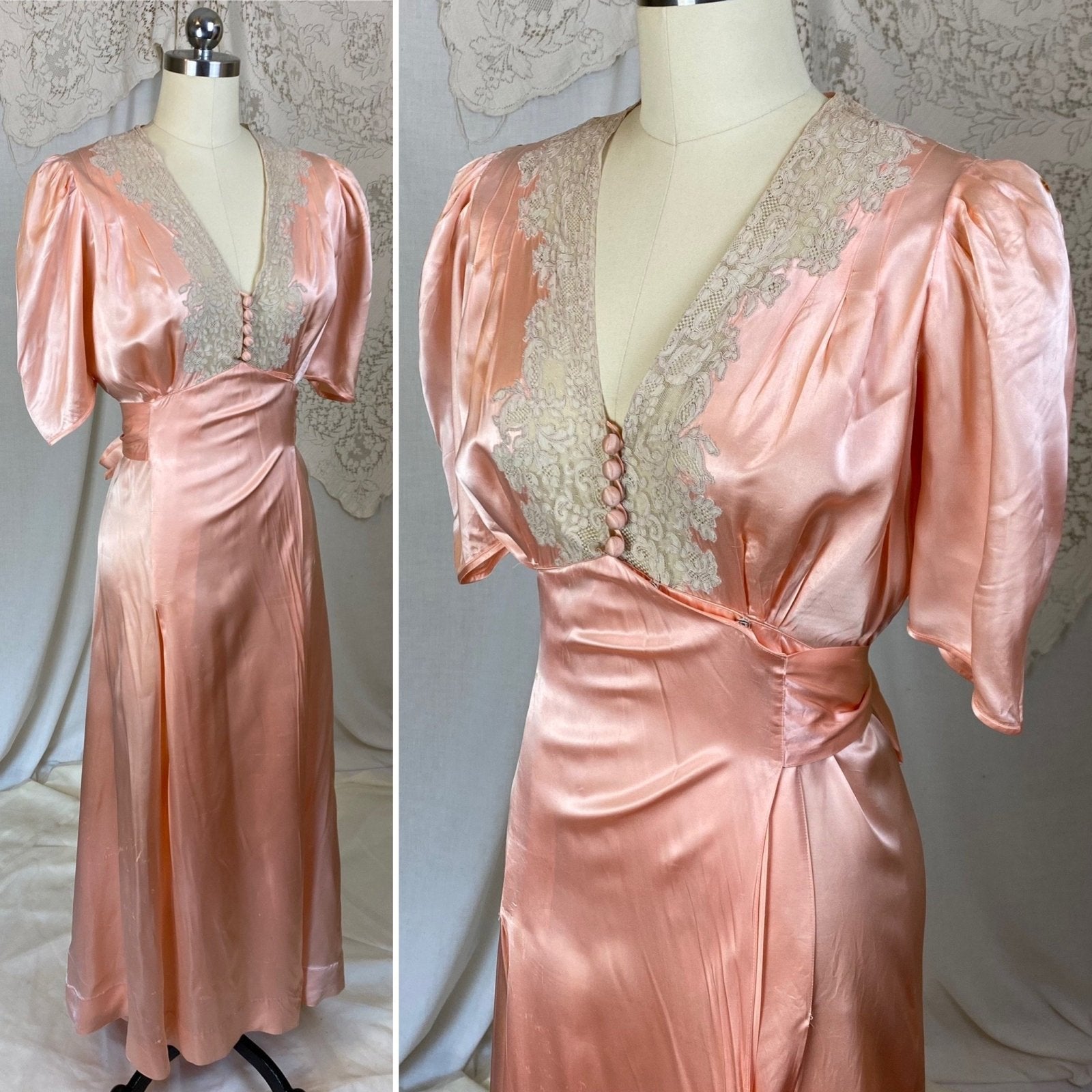 Vintage 1940's Dressing Gown Robe | Tea Rose Pink Rayon Satin with Alençon Lace | Size XS - Daggers & Dames