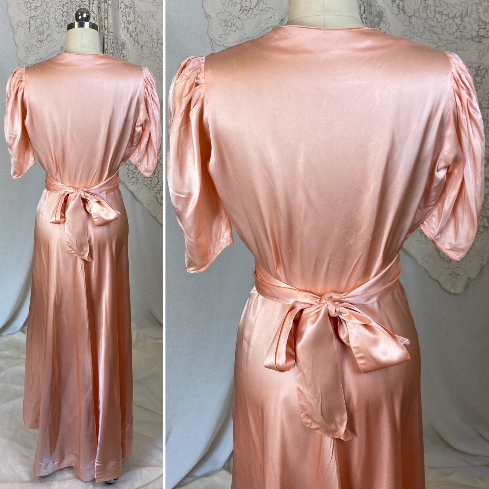 Vintage 1940's Dressing Gown Robe | Tea Rose Pink Rayon Satin with Alençon Lace | Size XS - Daggers & Dames