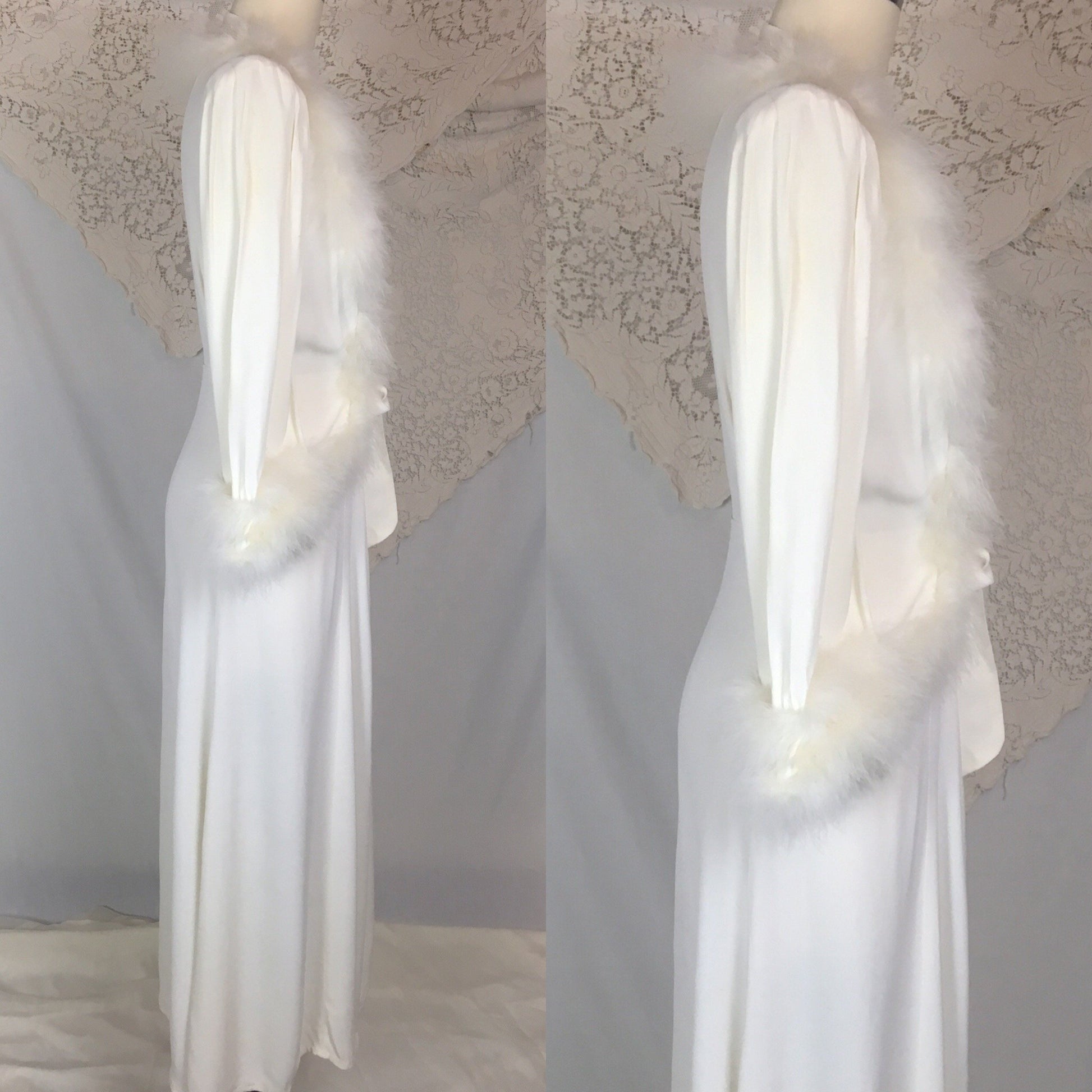 Vintage 1940's Dressing Gown Robe | White Rayon Crepe with Marabou Feathers | Size XS, S - Daggers & Dames