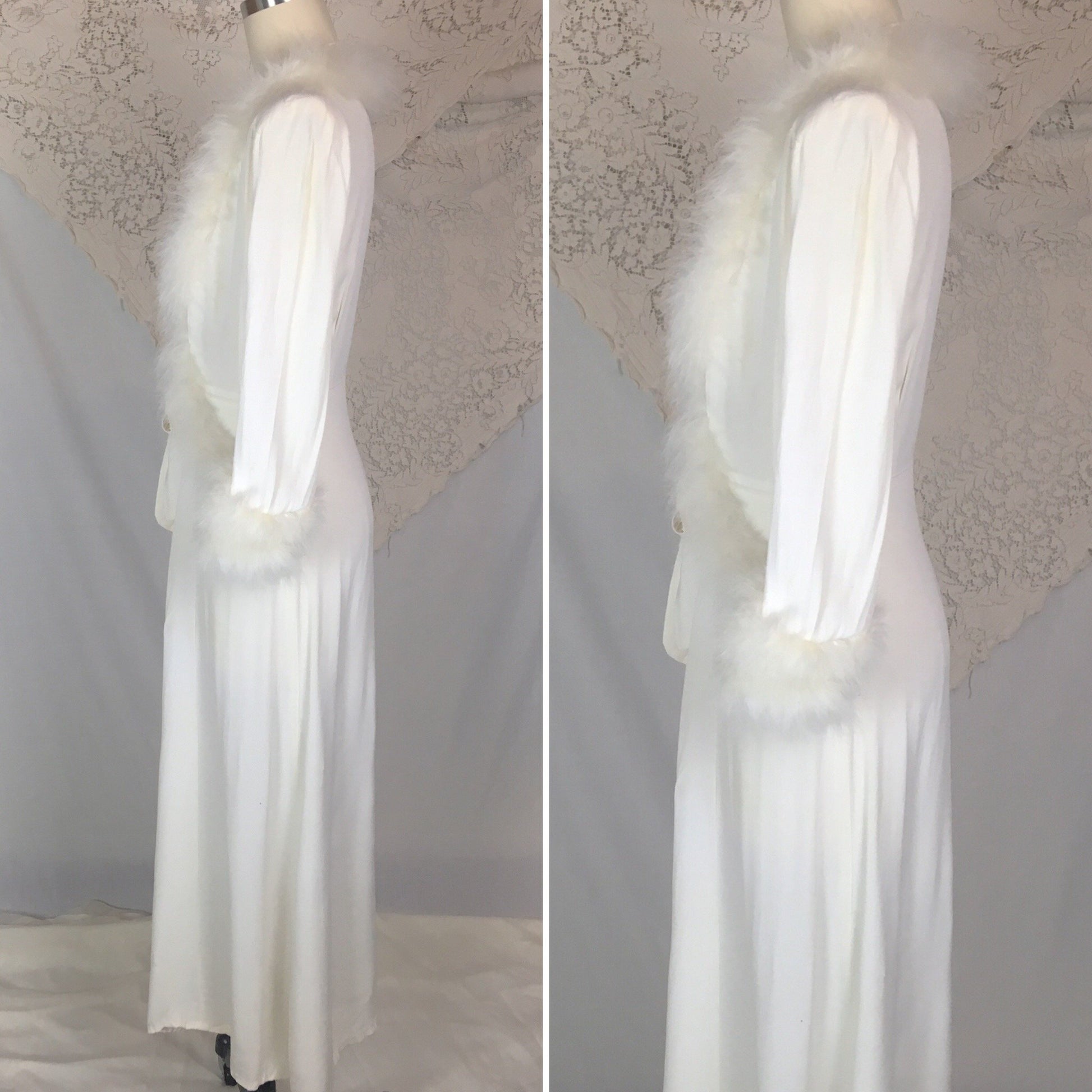 Vintage 1940's Dressing Gown Robe | White Rayon Crepe with Marabou Feathers | Size XS, S - Daggers & Dames