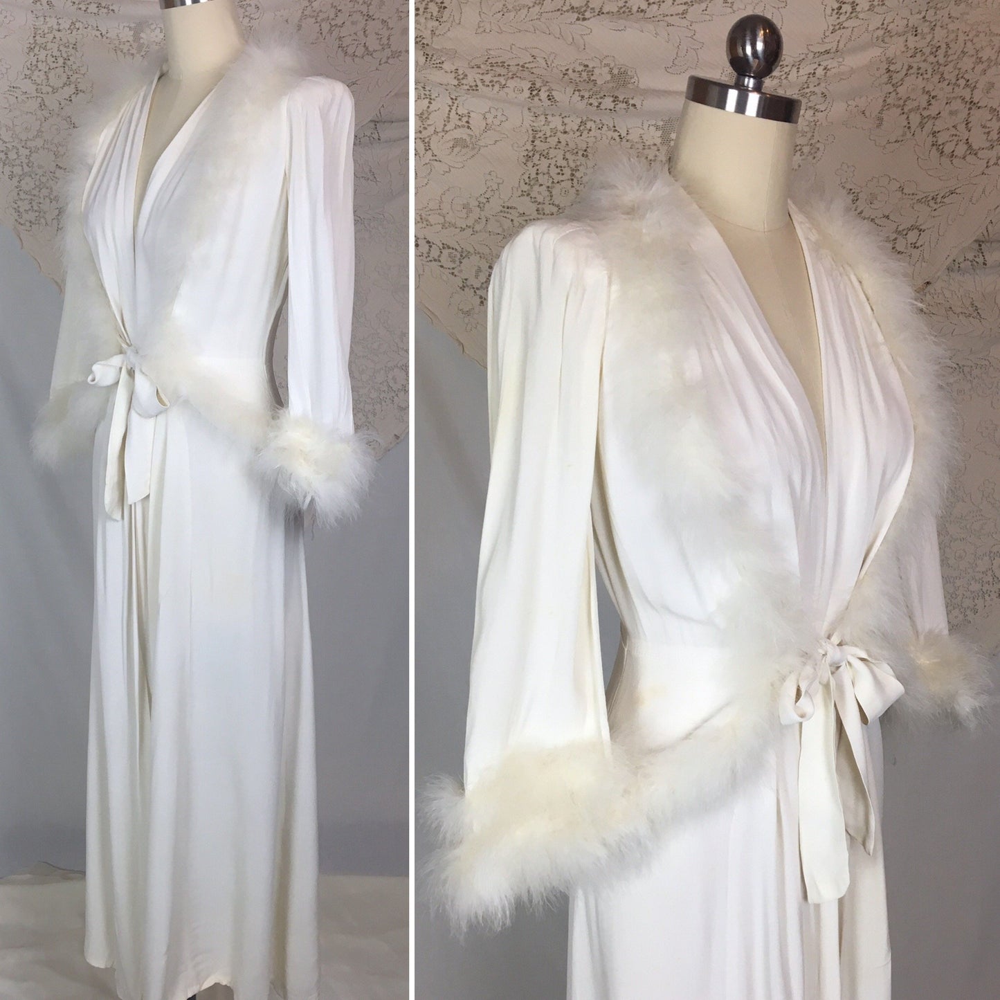 Vintage 1940's Dressing Gown Robe | White Rayon Crepe with Marabou Feathers | Size XS, S - Daggers & Dames