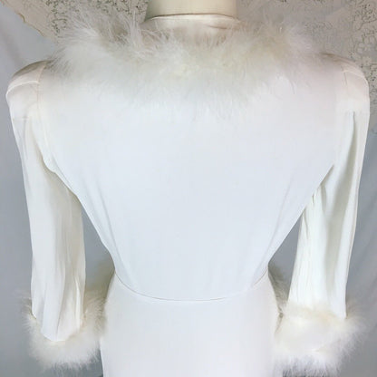Vintage 1940's Dressing Gown Robe | White Rayon Crepe with Marabou Feathers | Size XS, S - Daggers & Dames
