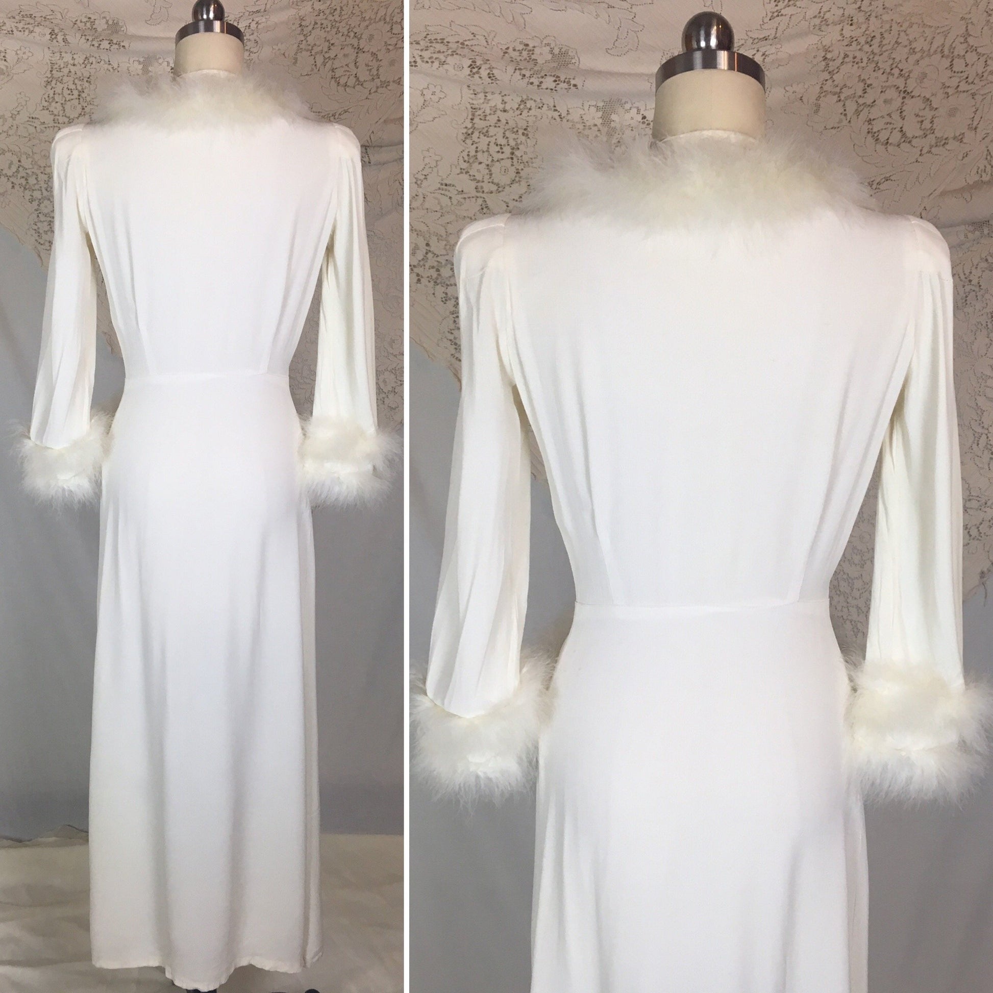 Vintage 1940's Dressing Gown Robe | White Rayon Crepe with Marabou Feathers | Size XS, S - Daggers & Dames
