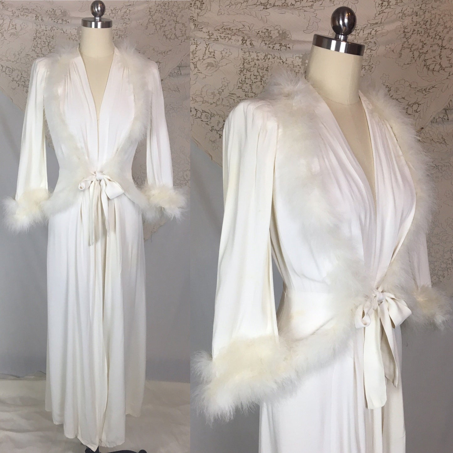 Vintage 1940's Dressing Gown Robe | White Rayon Crepe with Marabou Feathers | Size XS, S - Daggers & Dames
