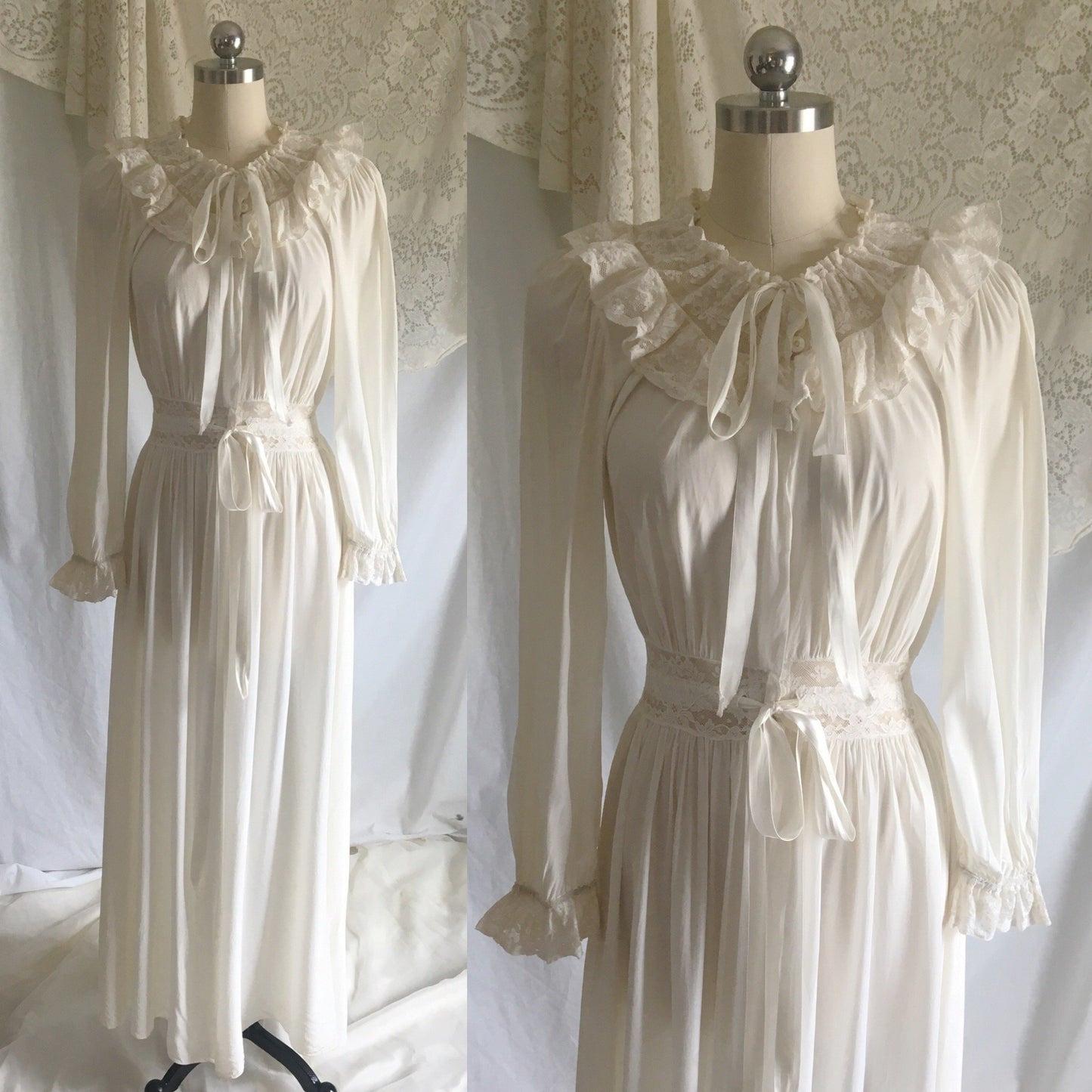 Vintage 1940's Dressing Gown Robe | White Rayon with Lace & Ruffles | Radcliffe Lingerie | Size XS, S - Daggers & Dames