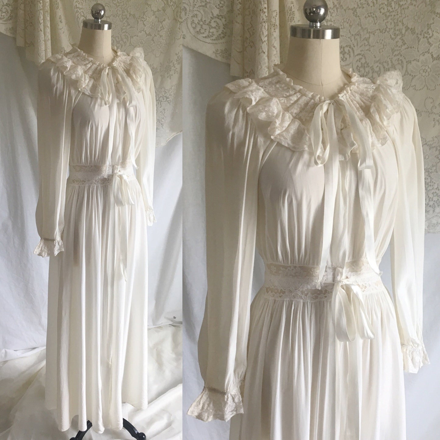Vintage 1940's Dressing Gown Robe | White Rayon with Lace & Ruffles | Radcliffe Lingerie | Size XS, S - Daggers & Dames