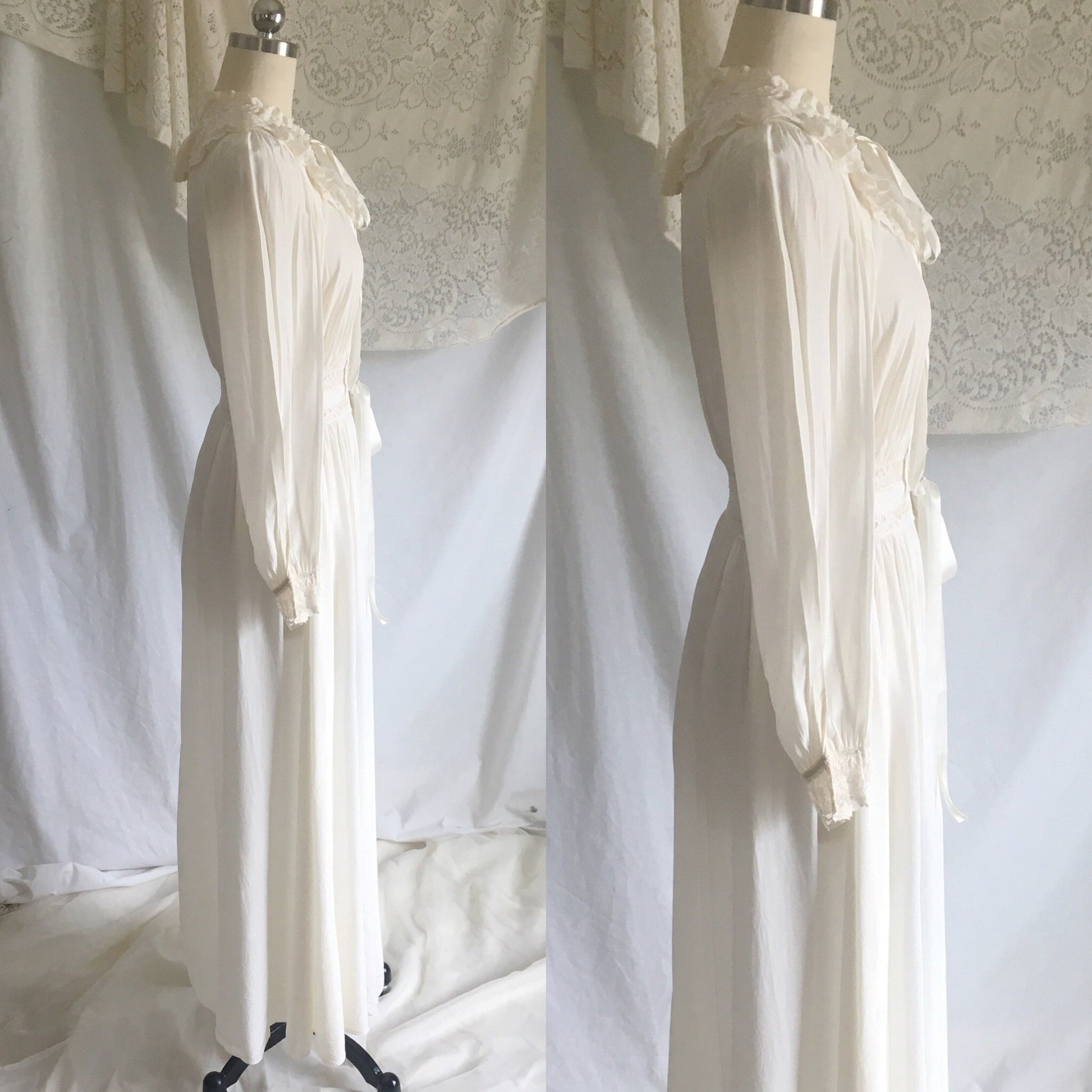 Vintage 1940's Dressing Gown Robe | White Rayon with Lace & Ruffles | Radcliffe Lingerie | Size XS, S - Daggers & Dames