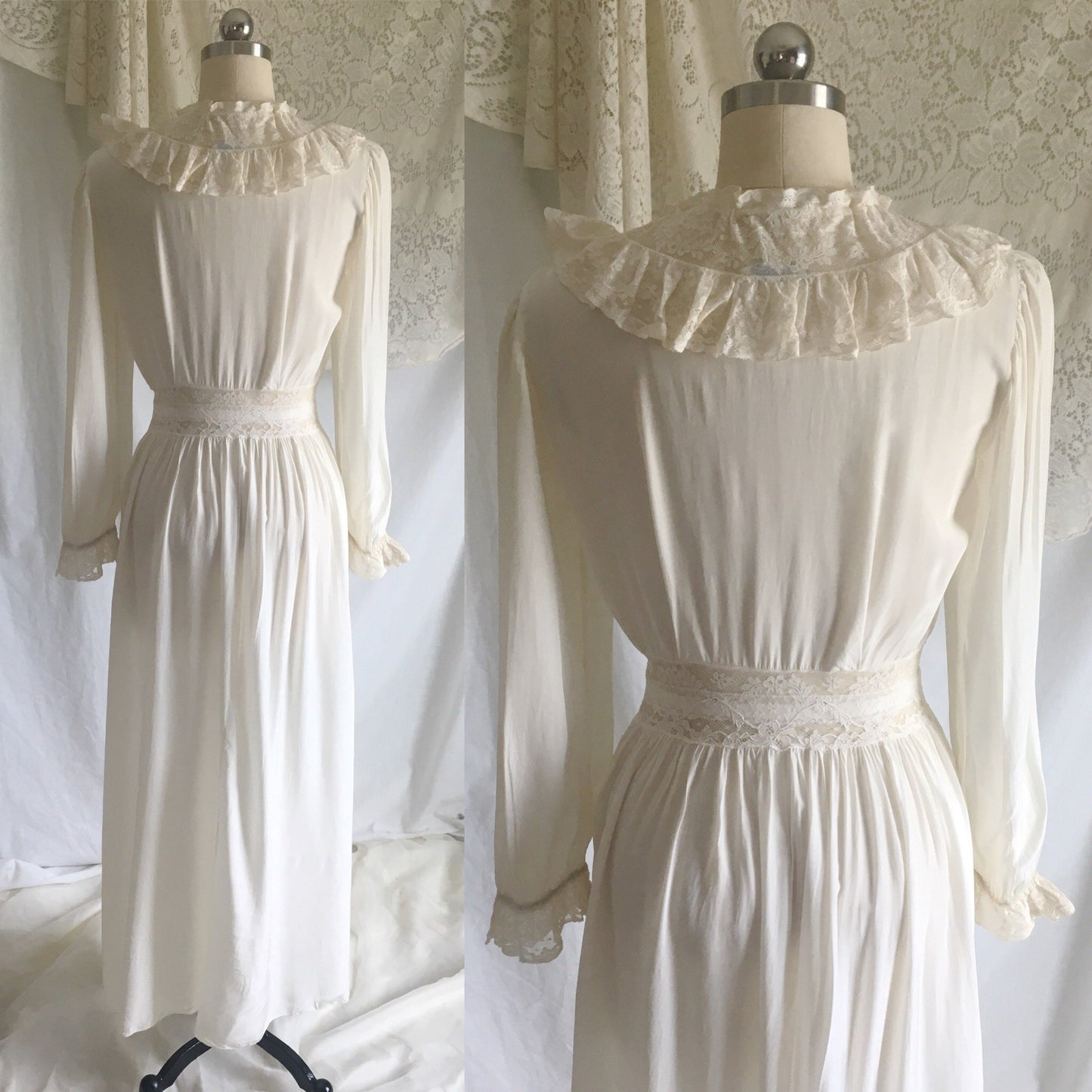 Vintage 1940's Dressing Gown Robe | White Rayon with Lace & Ruffles | Radcliffe Lingerie | Size XS, S - Daggers & Dames