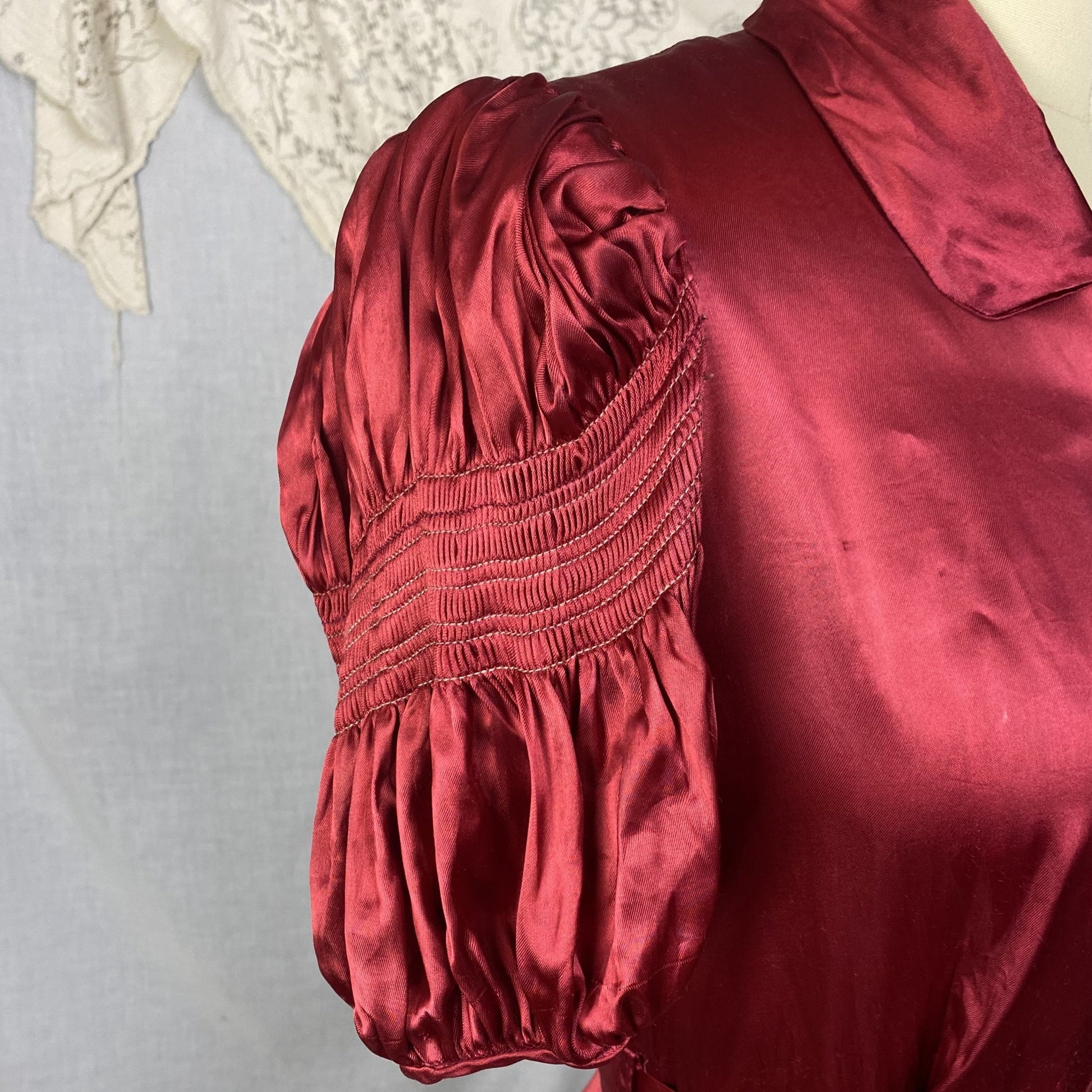 Vintage 1940's Dressing Gown | Ruby Red Rayon Satin with Shirred Princess Sleeves & Brass Zipper | Size XS, S - Daggers & Dames