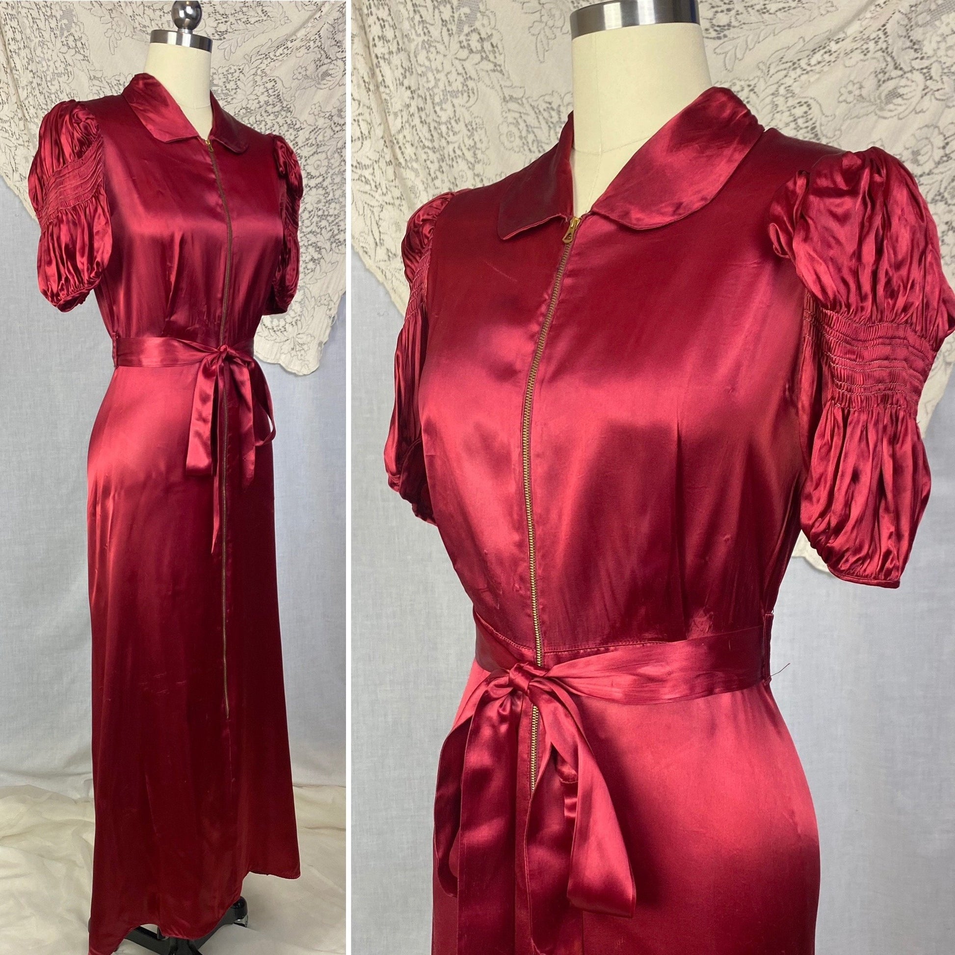 Vintage 1940's Dressing Gown | Ruby Red Rayon Satin with Shirred Princess Sleeves & Brass Zipper | Size XS, S - Daggers & Dames