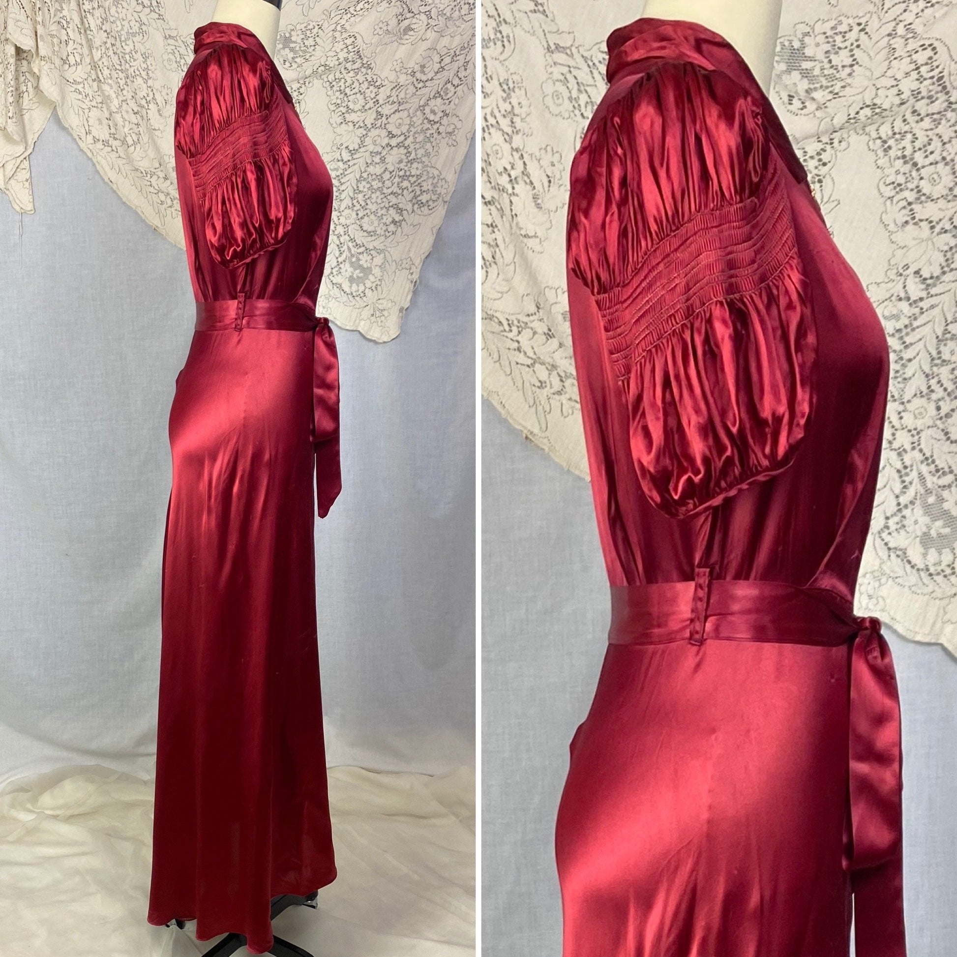 Vintage 1940's Dressing Gown | Ruby Red Rayon Satin with Shirred Princess Sleeves & Brass Zipper | Size XS, S - Daggers & Dames