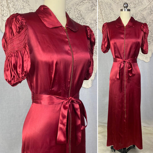 Vintage 1940's Dressing Gown | Ruby Red Rayon Satin with Shirred Princess Sleeves & Brass Zipper | Size XS, S - Daggers & Dames