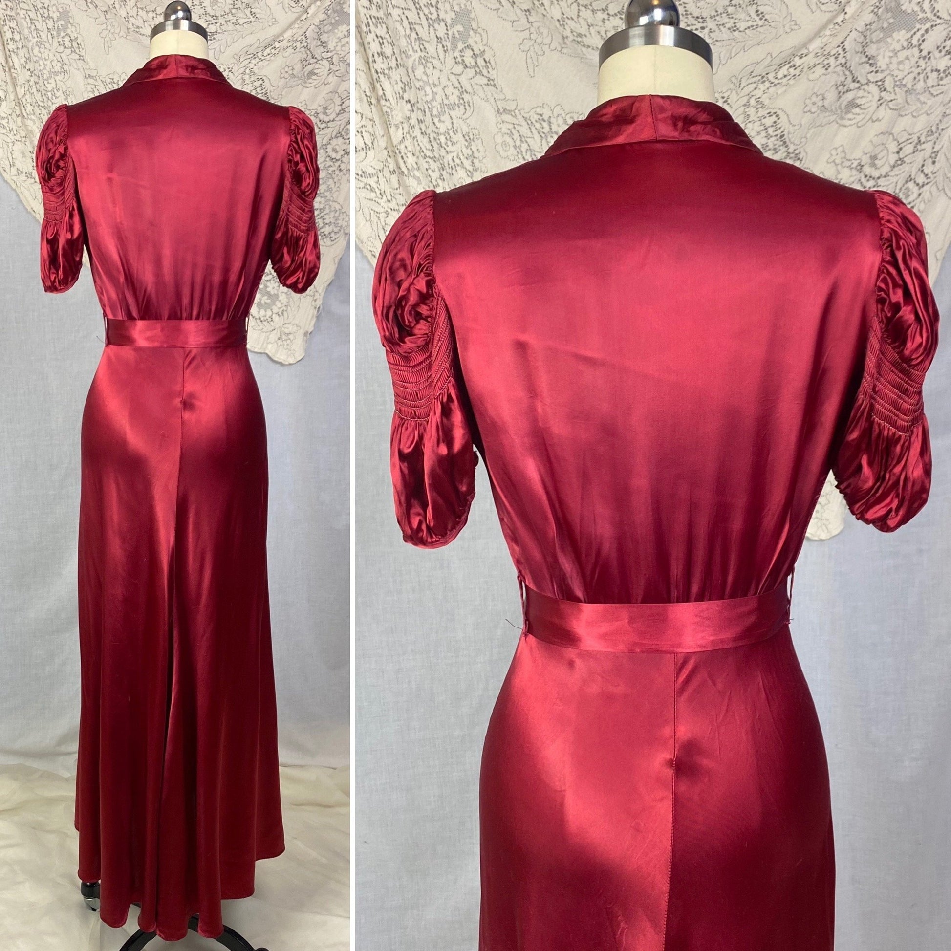 Vintage 1940's Dressing Gown | Ruby Red Rayon Satin with Shirred Princess Sleeves & Brass Zipper | Size XS, S - Daggers & Dames