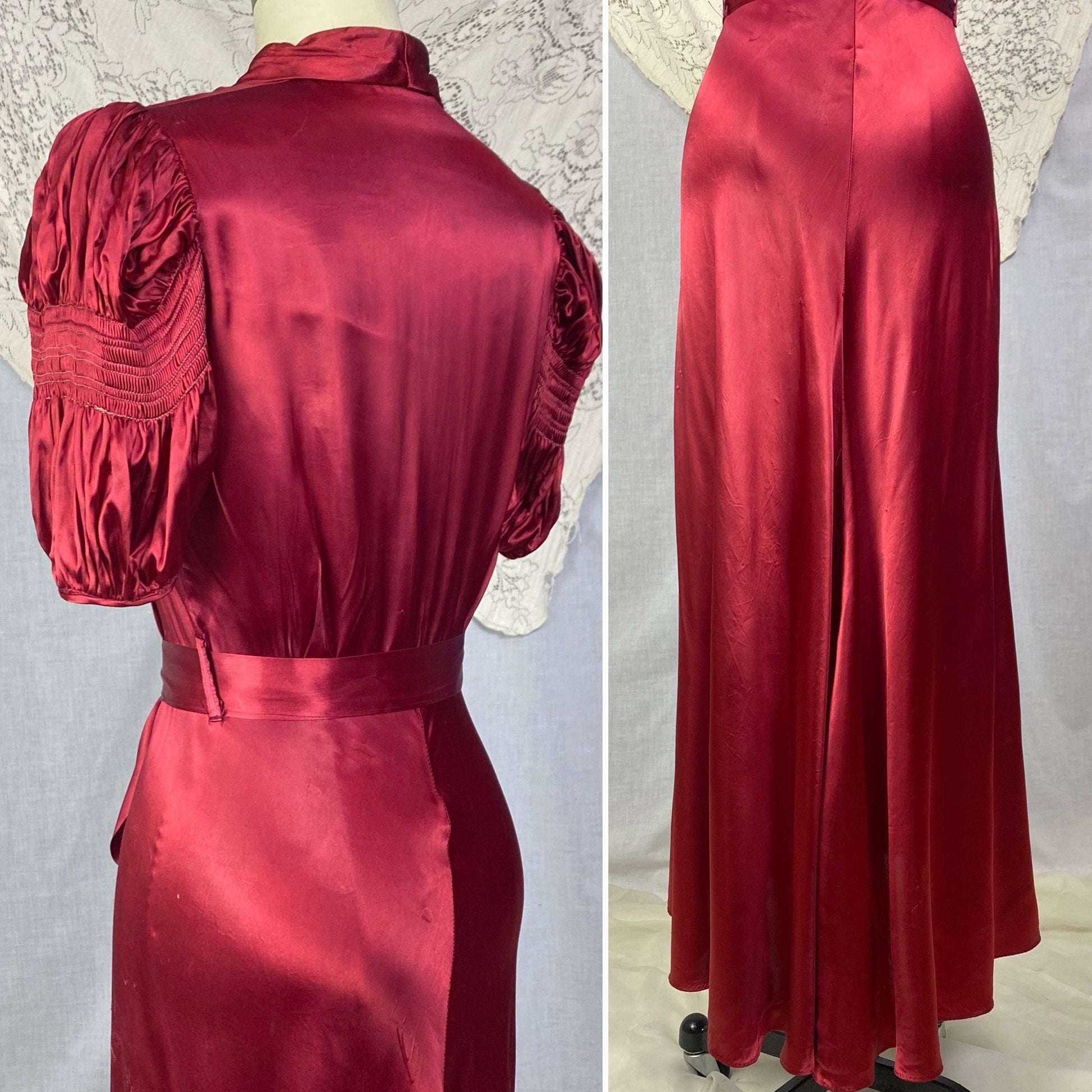 Vintage 1940's Dressing Gown | Ruby Red Rayon Satin with Shirred Princess Sleeves & Brass Zipper | Size XS, S - Daggers & Dames