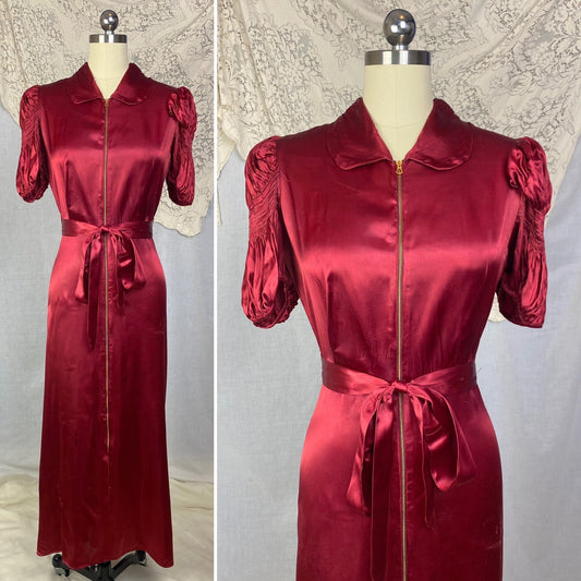 Vintage 1940's Dressing Gown | Ruby Red Rayon Satin with Shirred Princess Sleeves & Brass Zipper | Size XS, S - Daggers & Dames