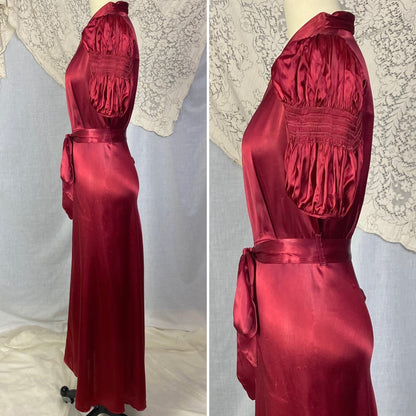 Vintage 1940's Dressing Gown | Ruby Red Rayon Satin with Shirred Princess Sleeves & Brass Zipper | Size XS, S - Daggers & Dames