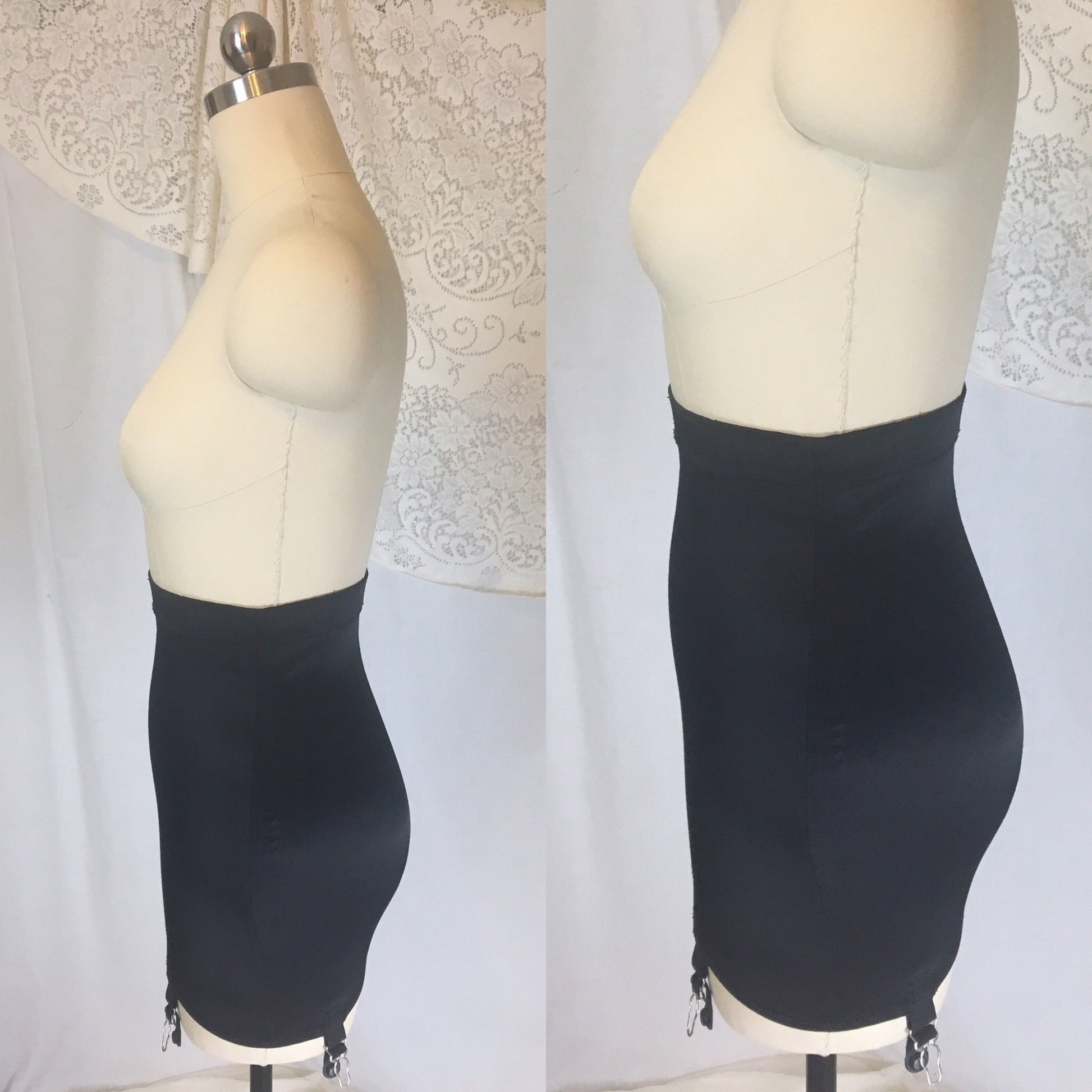Vintage 1940's Girdle | Black Acetate Satin with Bones & Velvet Lined Garters | Lovlee | Size XS, SM - Daggers & Dames
