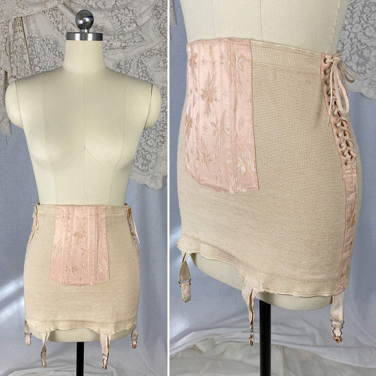 Vintage 1940's Girdle | Creamy Nude Knit with Pink Satin Damask & Side Corset Lacing | Size S, M | Vanity - Daggers & Dames