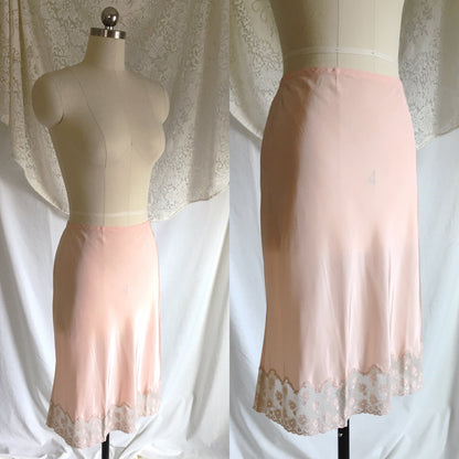 Vintage 1940's Half Slip | Pale Pink Rayon Satin with Embroidered Chiffon Hem | Fray Pruf | Size SM, M - Daggers & Dames