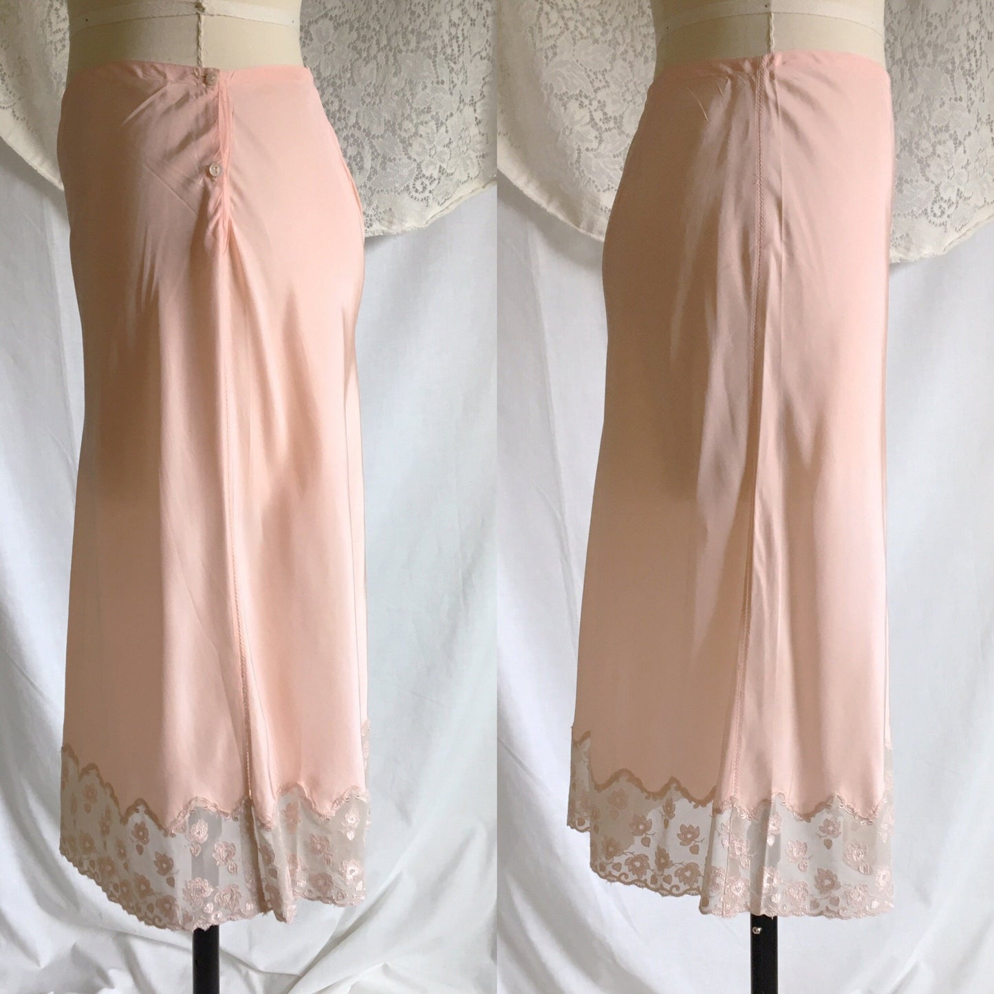 Vintage 1940's Half Slip | Pale Pink Rayon Satin with Embroidered Chiffon Hem | Fray Pruf | Size SM, M - Daggers & Dames