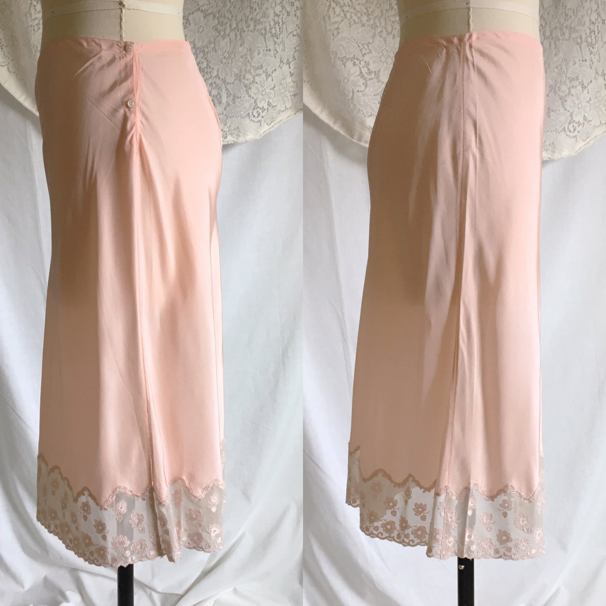 Vintage 1940's Half Slip | Pale Pink Rayon Satin with Embroidered Chiffon Hem | Fray Pruf | Size SM, M - Daggers & Dames