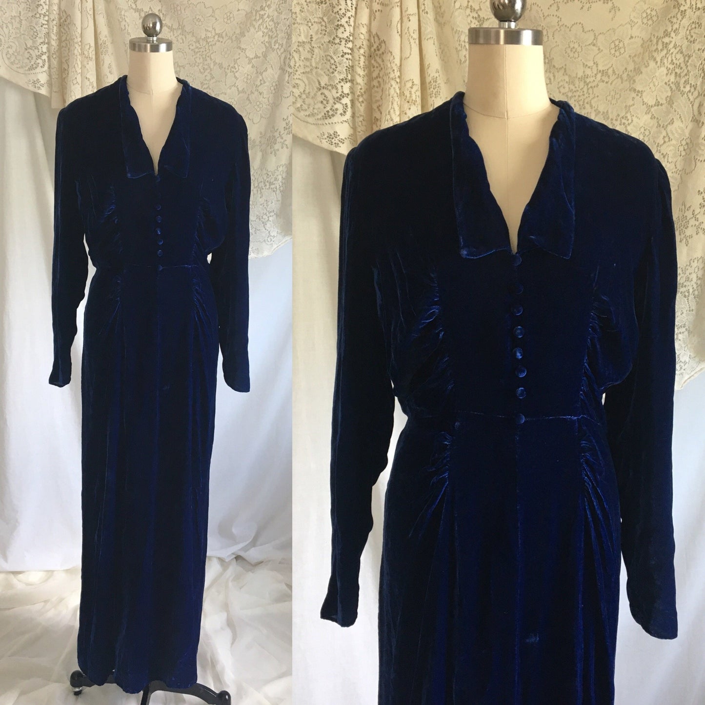 Vintage 1940's Hostess Dress | Cobalt Blue Silk Velvet with Faux Buttons | Size S, M - Daggers & Dames