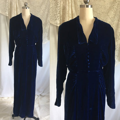 Vintage 1940's Hostess Dress | Cobalt Blue Silk Velvet with Faux Buttons | Size S, M - Daggers & Dames
