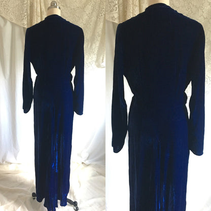 Vintage 1940's Hostess Dress | Cobalt Blue Silk Velvet with Faux Buttons | Size S, M - Daggers & Dames