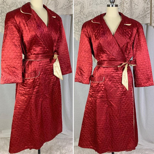 Vintage 1940's House Coat Robe | Size LG, XLG | Rich Wine Red Quilted Rayon Satin with Champagne Satin Lining | RBG Robes - Daggers & Dames