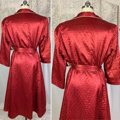 Vintage 1940's House Coat Robe | Size LG, XLG | Rich Wine Red Quilted Rayon Satin with Champagne Satin Lining | RBG Robes - Daggers & Dames