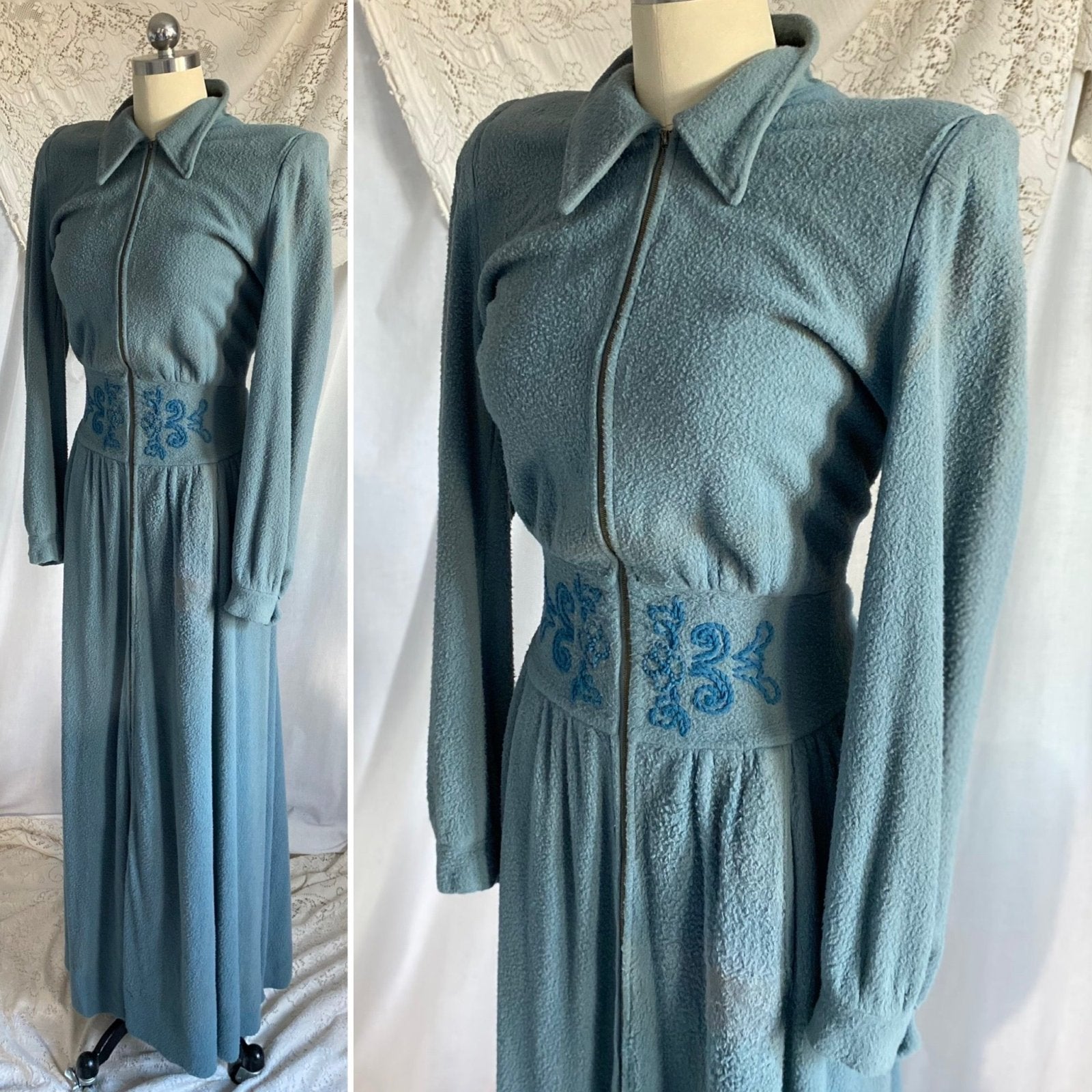 Vintage 1940’s House Dress | Dusty Blue Woolen Fleece with Embroidery | Size M, LG | Gassser, Lugano - Daggers & Dames