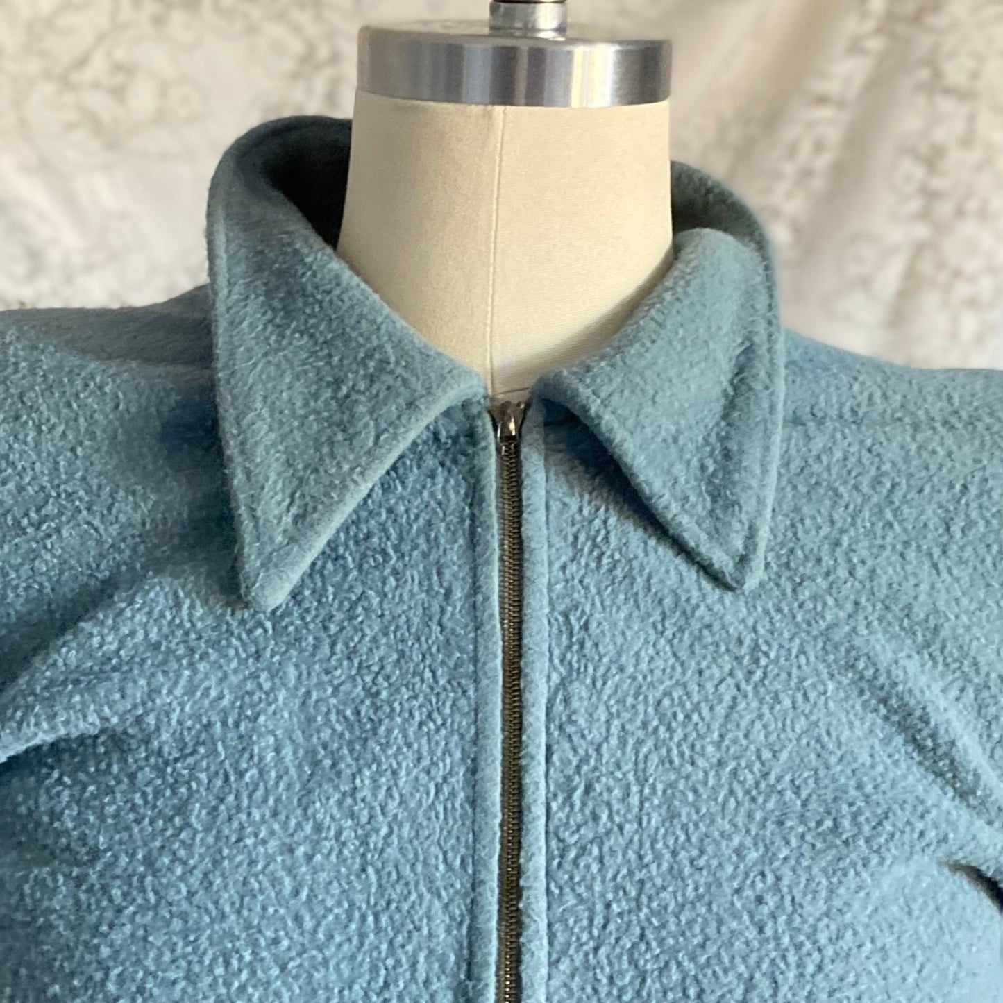 Vintage 1940’s House Dress | Dusty Blue Woolen Fleece with Embroidery | Size M, LG | Gassser, Lugano - Daggers & Dames