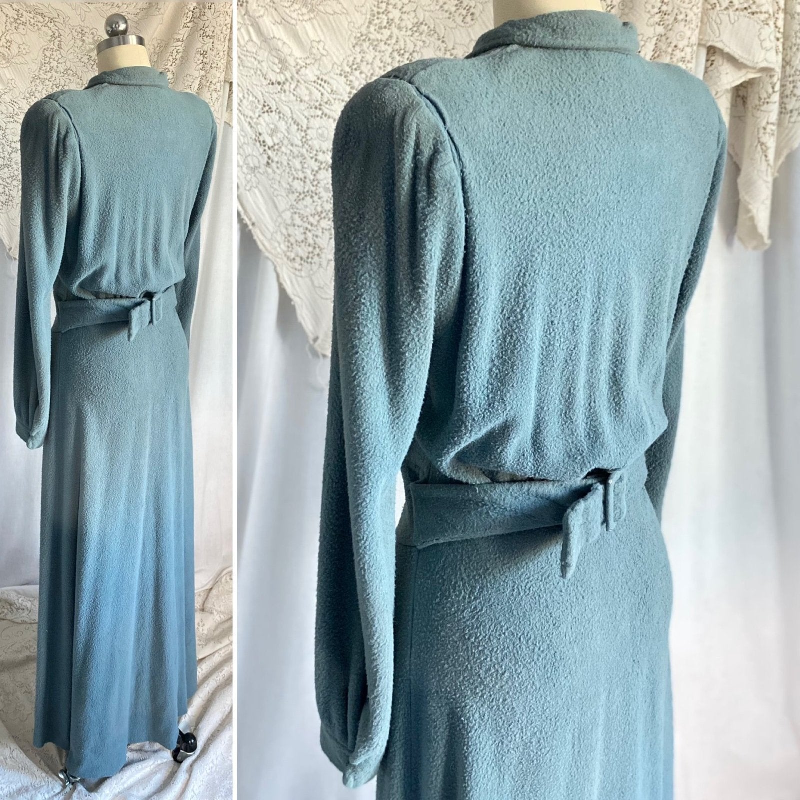 Vintage 1940’s House Dress | Dusty Blue Woolen Fleece with Embroidery | Size M, LG | Gassser, Lugano - Daggers & Dames