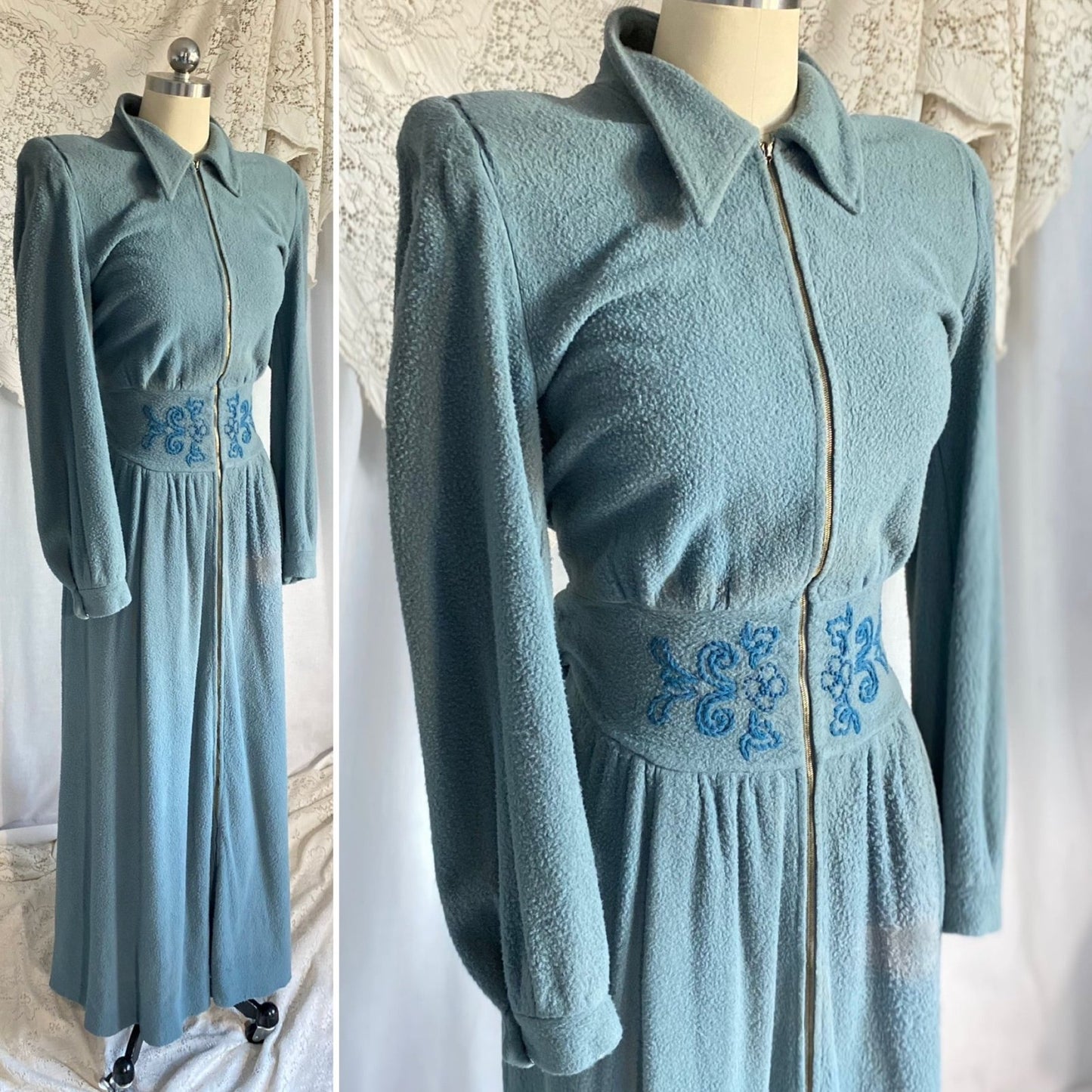 Vintage 1940’s House Dress | Dusty Blue Woolen Fleece with Embroidery | Size M, LG | Gassser, Lugano - Daggers & Dames