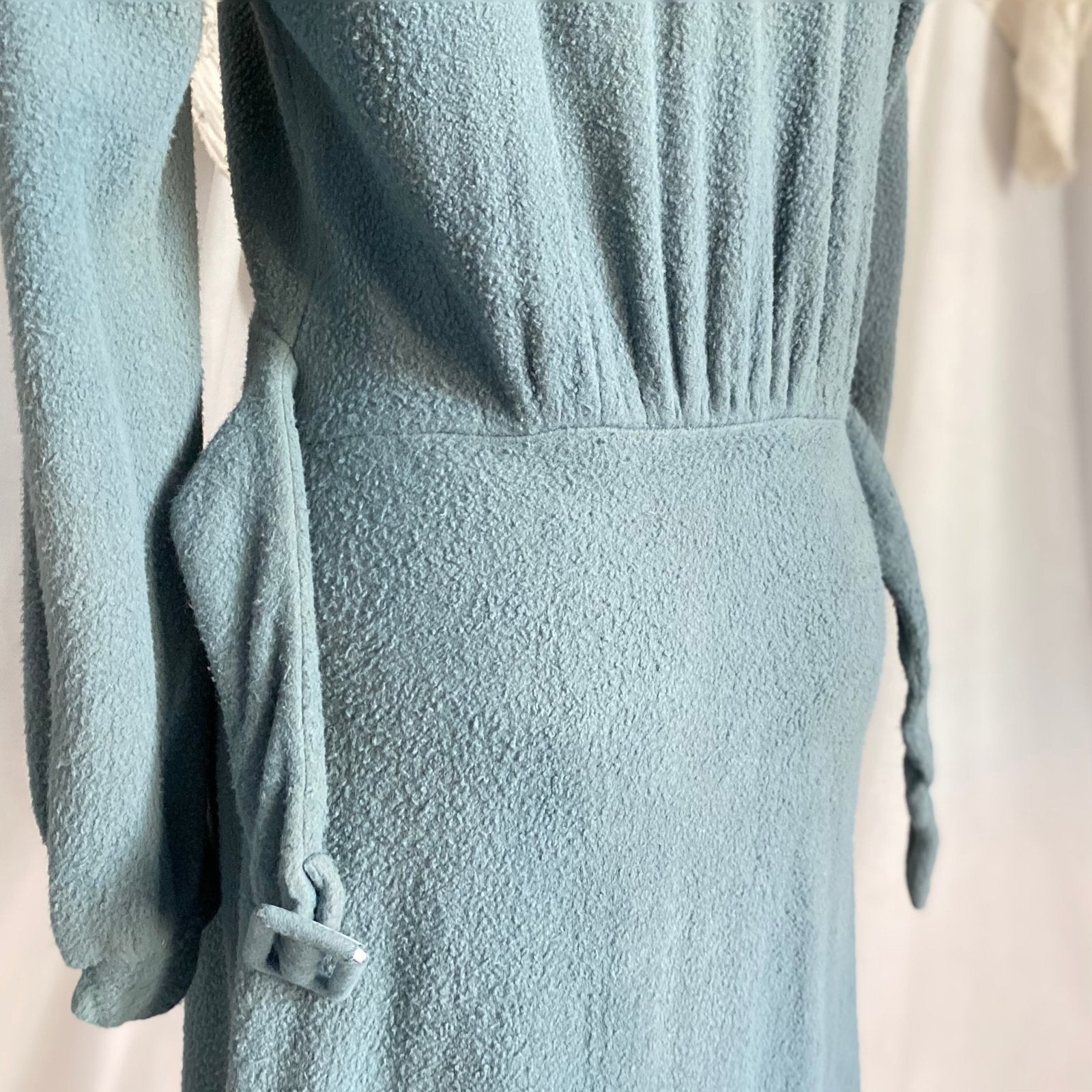 Vintage 1940’s House Dress | Dusty Blue Woolen Fleece with Embroidery | Size M, LG | Gassser, Lugano - Daggers & Dames