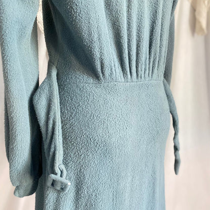 Vintage 1940’s House Dress | Dusty Blue Woolen Fleece with Embroidery | Size M, LG | Gassser, Lugano - Daggers & Dames