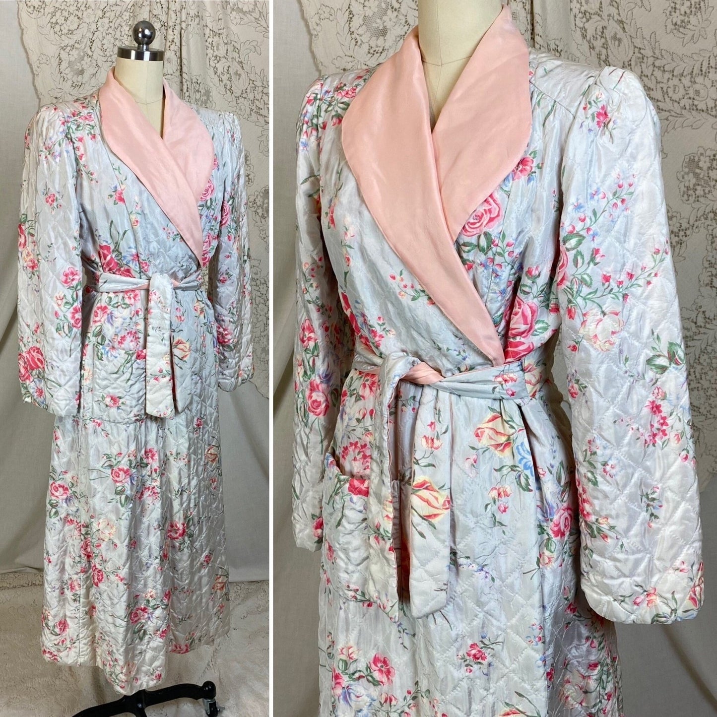 Vintage 1940's Housecoat Robe | White Rayon Taffeta with Floral Print & Powder Pink Lining | Size XS, S - Daggers & Dames