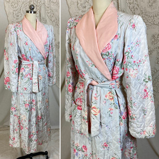 Vintage 1940's Housecoat Robe | White Rayon Taffeta with Floral Print & Powder Pink Lining | Size XS, S - Daggers & Dames