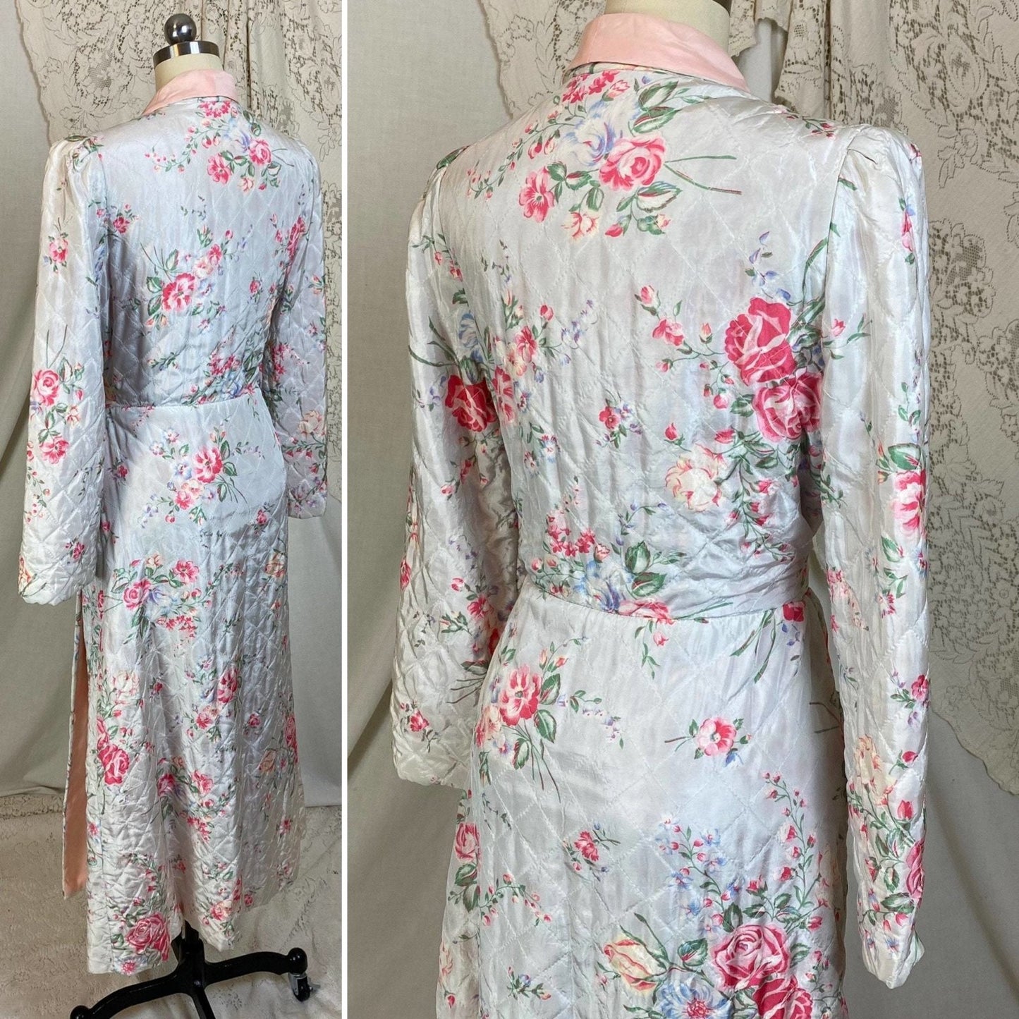 Vintage 1940's Housecoat Robe | White Rayon Taffeta with Floral Print & Powder Pink Lining | Size XS, S - Daggers & Dames